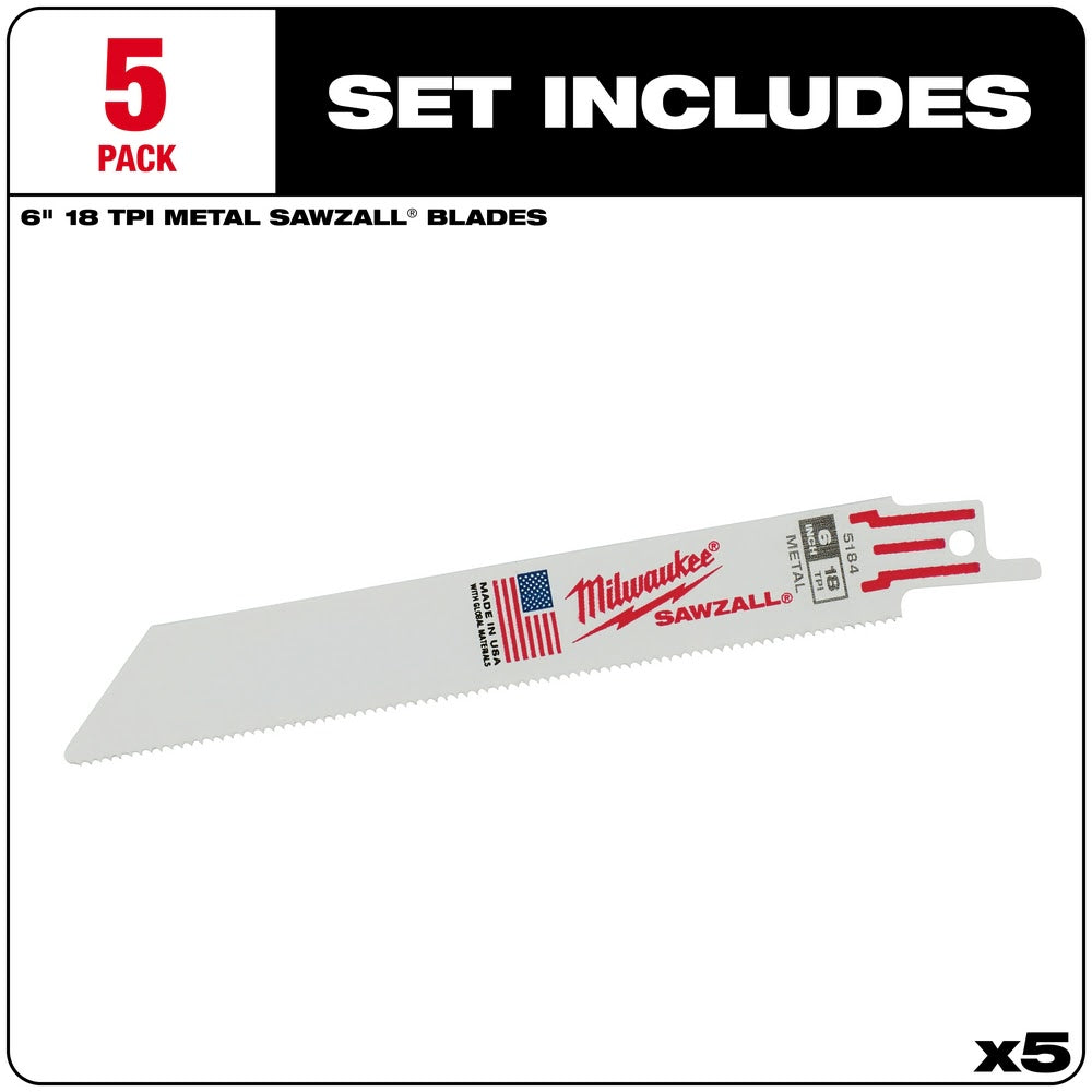 Milwaukee 48-00-5184 6" x 18TPI Bi-Metal Super Sawzall Blade - 3