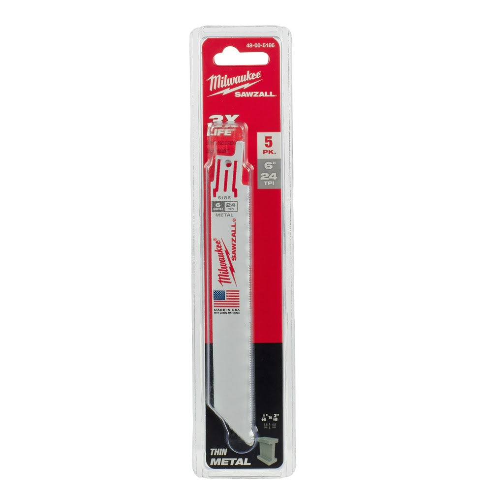 Milwaukee 48-00-5186 6" x 24TPI Bi-Metal Super Sawzall Blade - 10