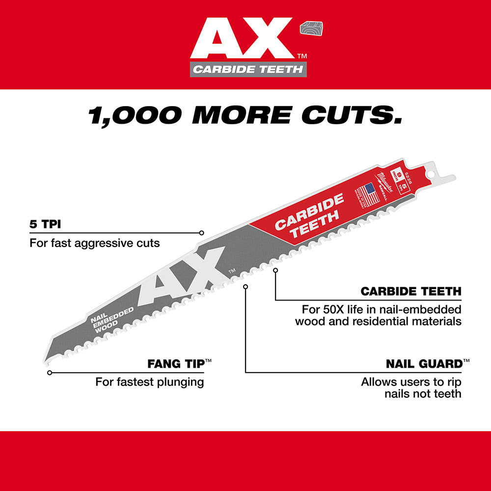 Milwaukee 48-00-5226 AX Sawzall Blade With Carbide Teeth, 9" 5T - 5