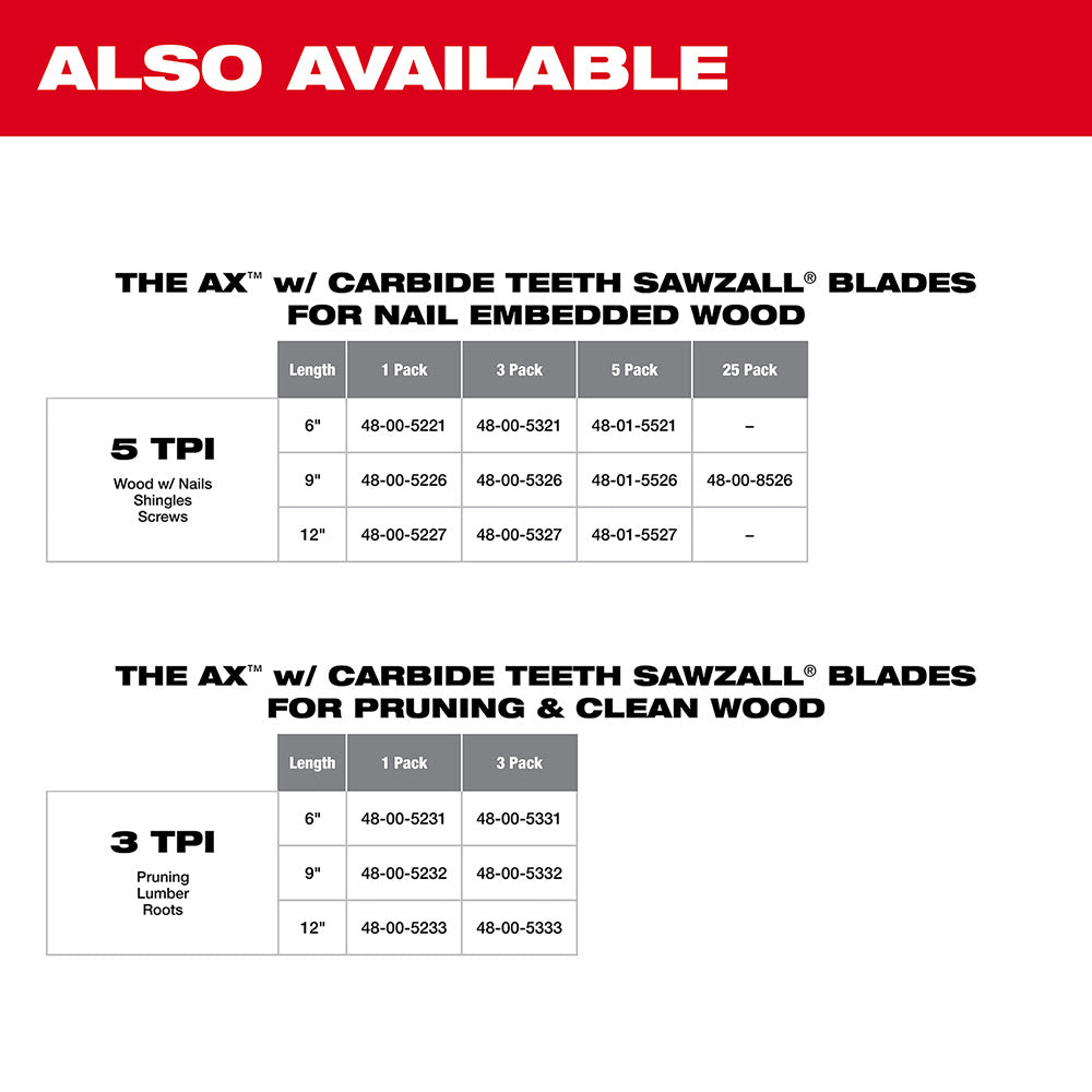 Milwaukee 48-00-5232 9" 3 TPI The AX™ with Carbide Teeth for Pruning & Clean Wood SAWZALL® Blade 1PK - 8