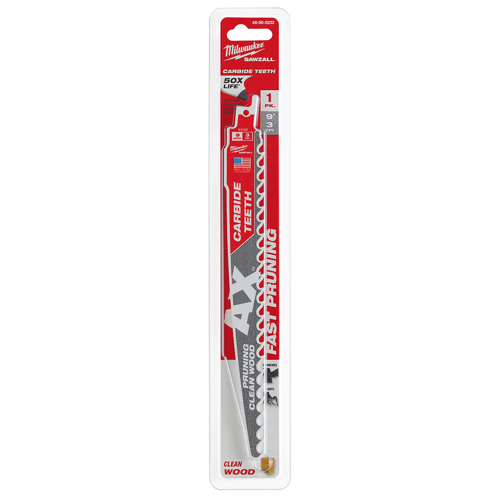 Milwaukee 48-00-5232 9" 3 TPI The AX™ with Carbide Teeth for Pruning & Clean Wood SAWZALL® Blade 1PK - 10