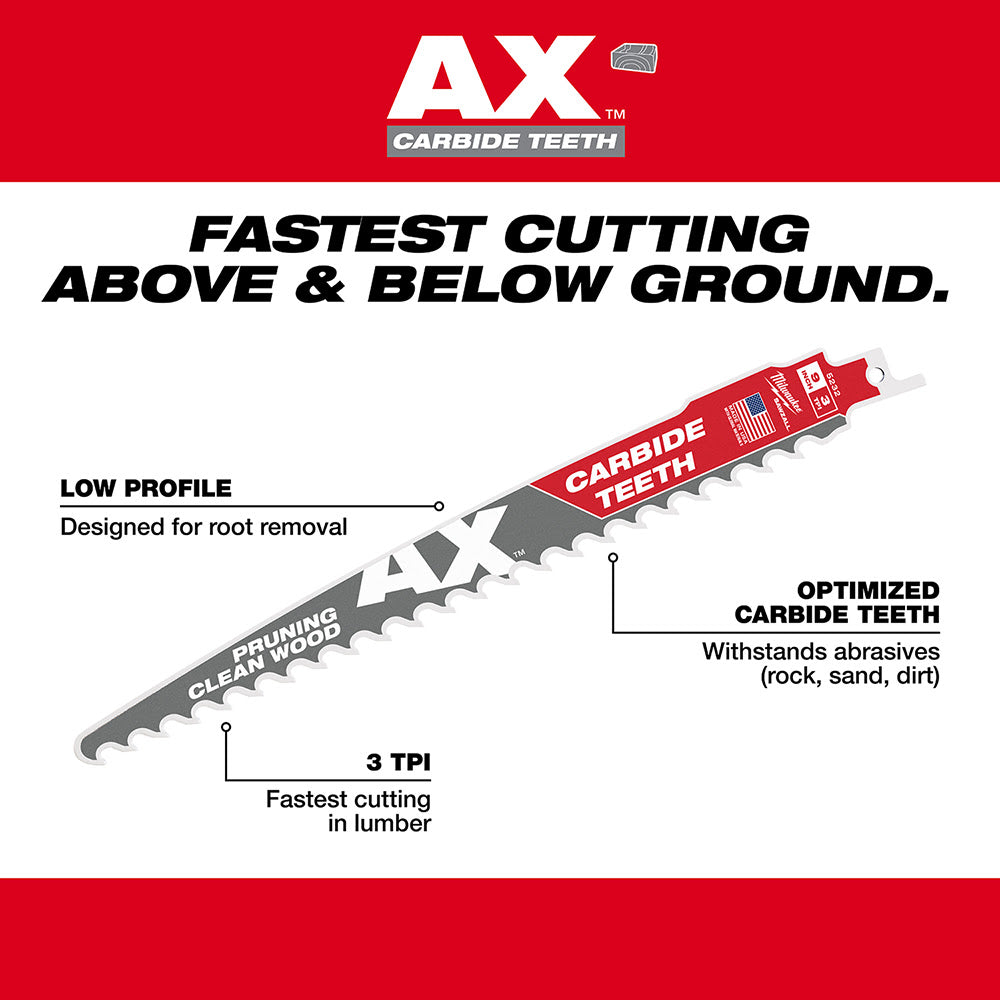 Milwaukee 48-00-5233 12" 3 TPI The AX™ with Carbide Teeth for Pruning & Clean Wood SAWZALL® Blade 1PK - 5