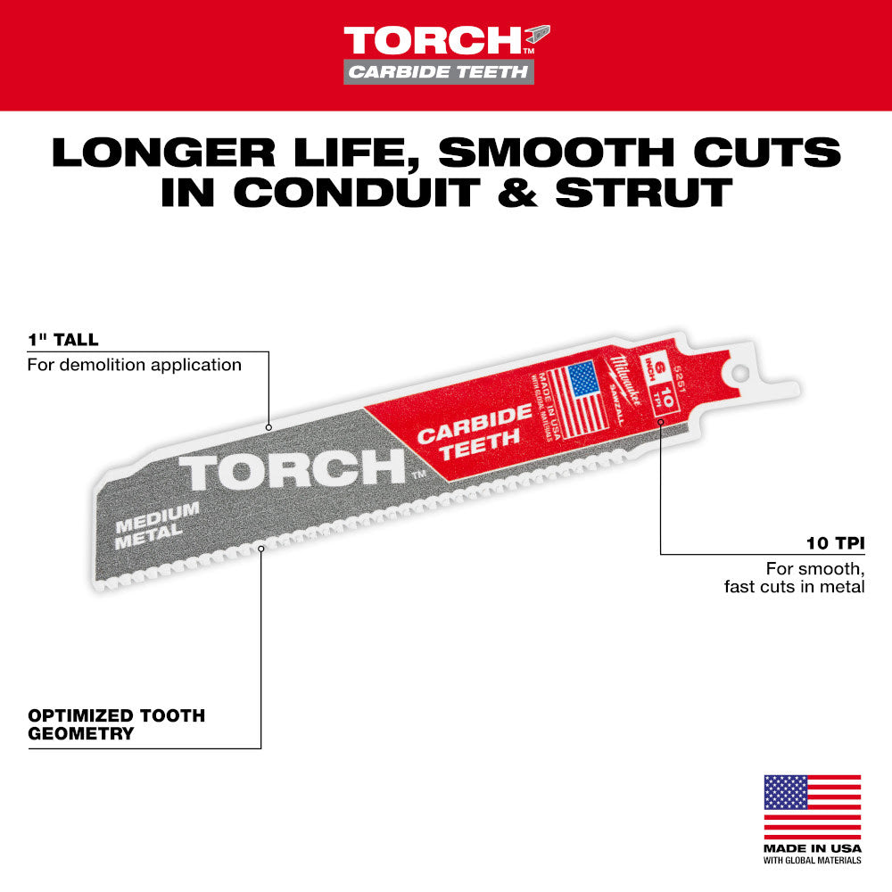 Milwaukee 48-00-5251 6" Reciprocating Saw Blade 10TPI The TORCH with Carbide Teeth for Medium Metal 1PK - 5