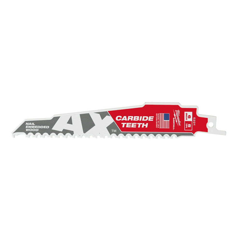 Milwaukee 48-00-5321 6" 5TPI AX with Carbide Teeth Sawzall Blade, 3 Pack