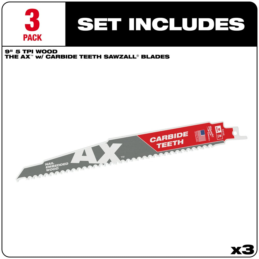 Milwaukee 48-00-5326 9" 5TPI AX with Carbide Teeth Sawzall Blade, 3 Pack - 2