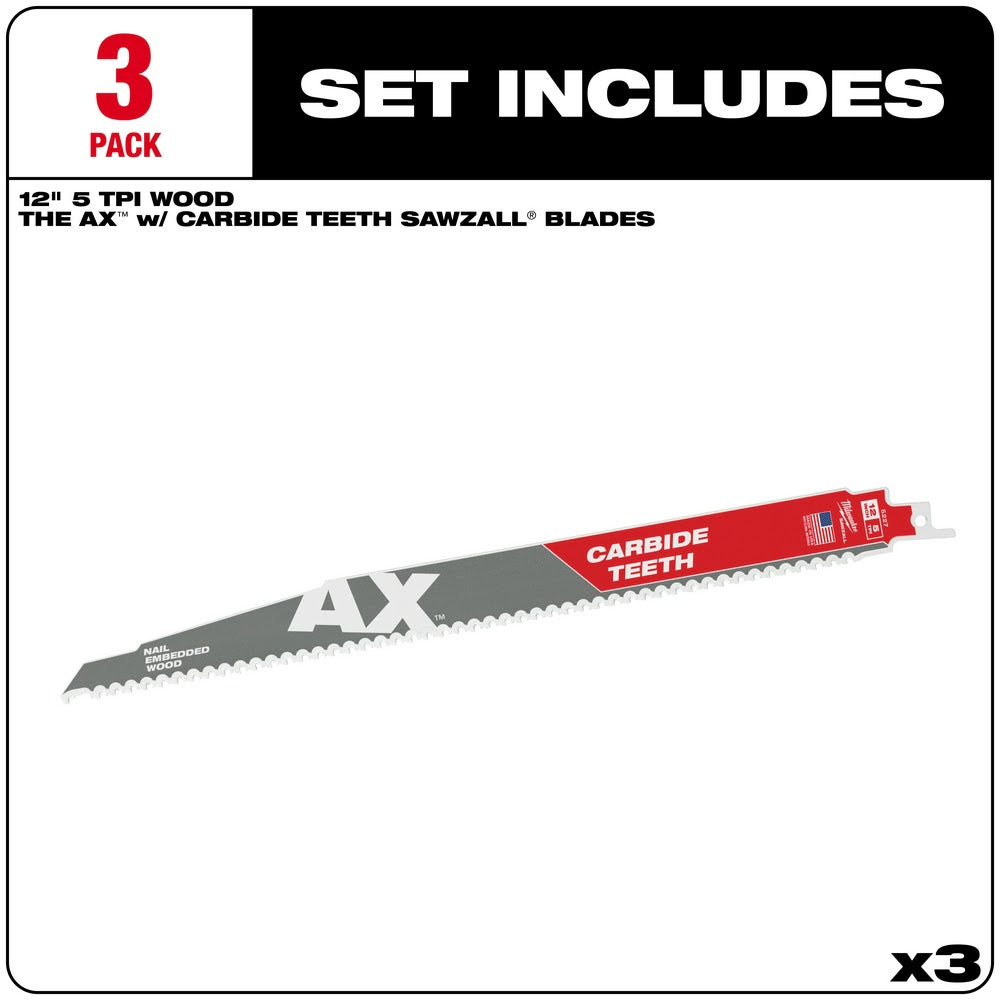 Milwaukee 48-00-5327 12" 5TPI AX with Carbide Teeth Sawzall Blade, 3 Pack - 2