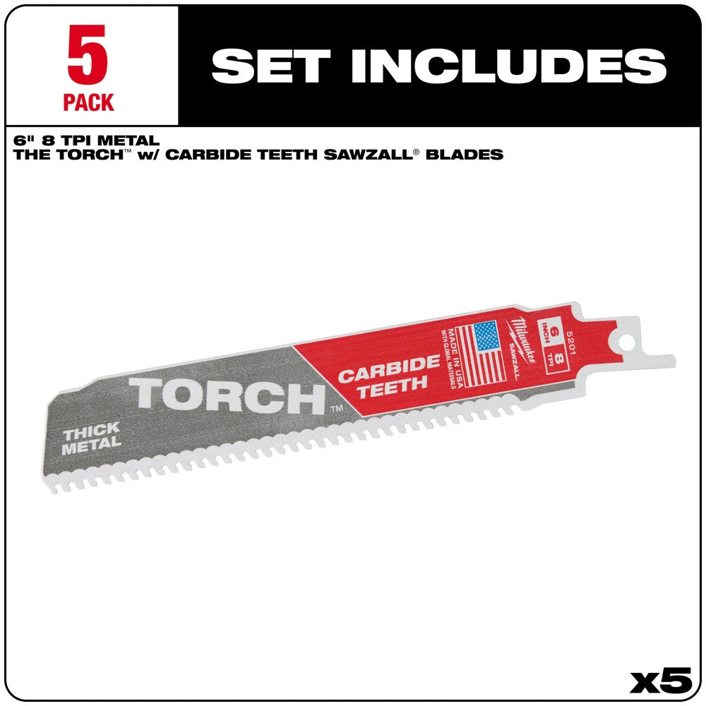 Milwaukee 48-00-5501 6" 7TPI Torch Metal Cutting Sawzall Blade with Carbide Teeth, 5 Pack - 2