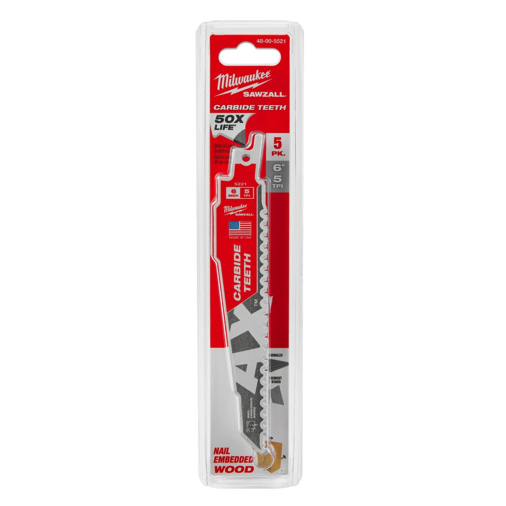 Milwaukee 48-00-5521 6" 5TPI AX with Carbide Teeth Sawzall Blade, 5 Pack - 11