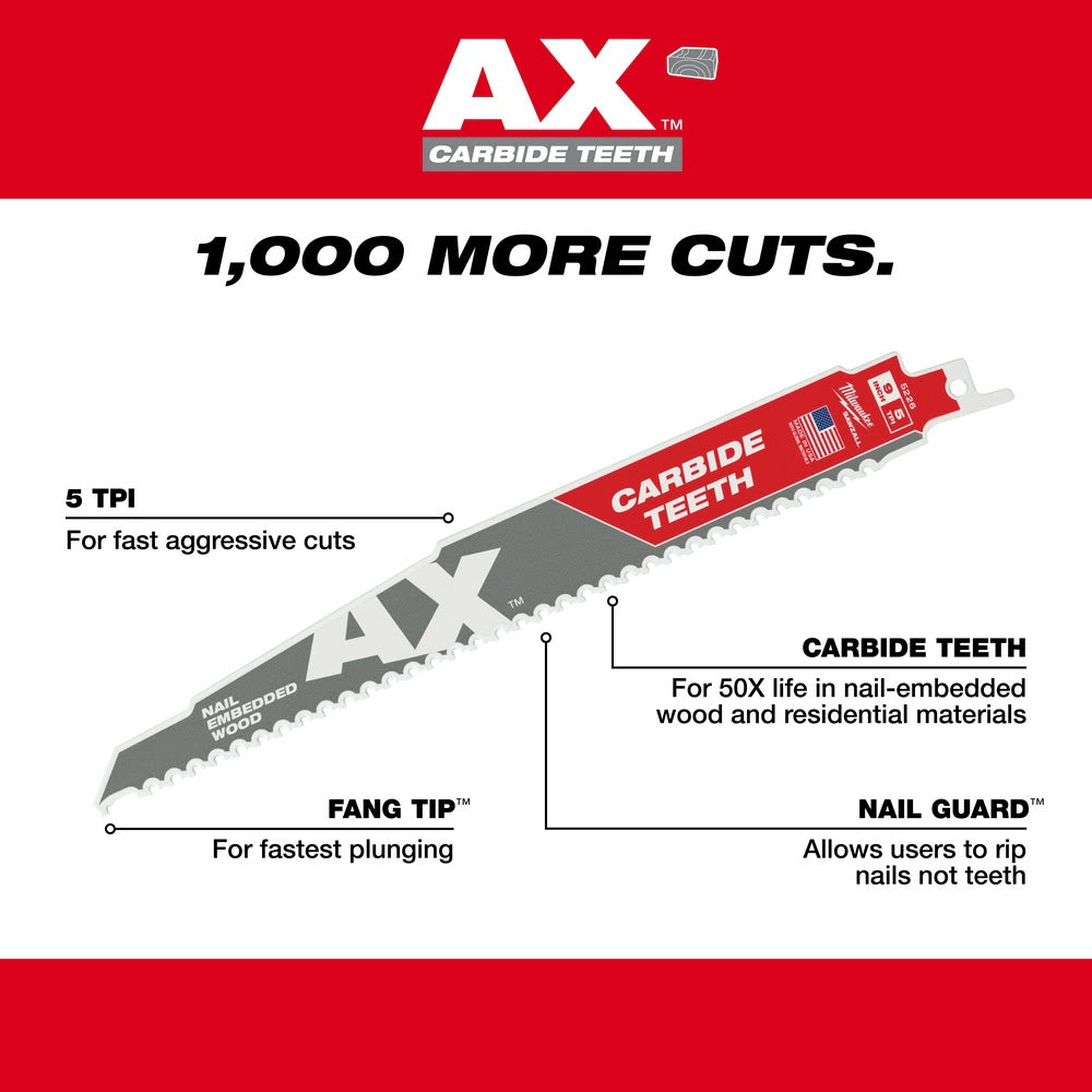 Milwaukee 48-00-5527 12" 5TPI AX with Carbide Teeth Sawzall Blade, 5 Pack - 6