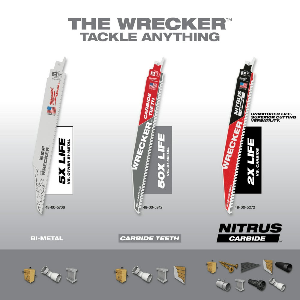 Milwaukee 48-00-5542 9" 6 TPI THE WRECKER™ with Carbide Teeth SAWZALL® Blade 5PK - 7