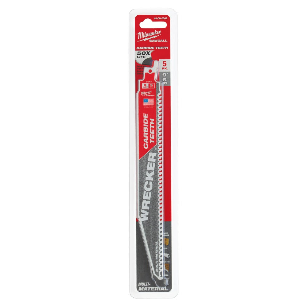 Milwaukee 48-00-5542 9" 6 TPI THE WRECKER™ with Carbide Teeth SAWZALL® Blade 5PK - 11