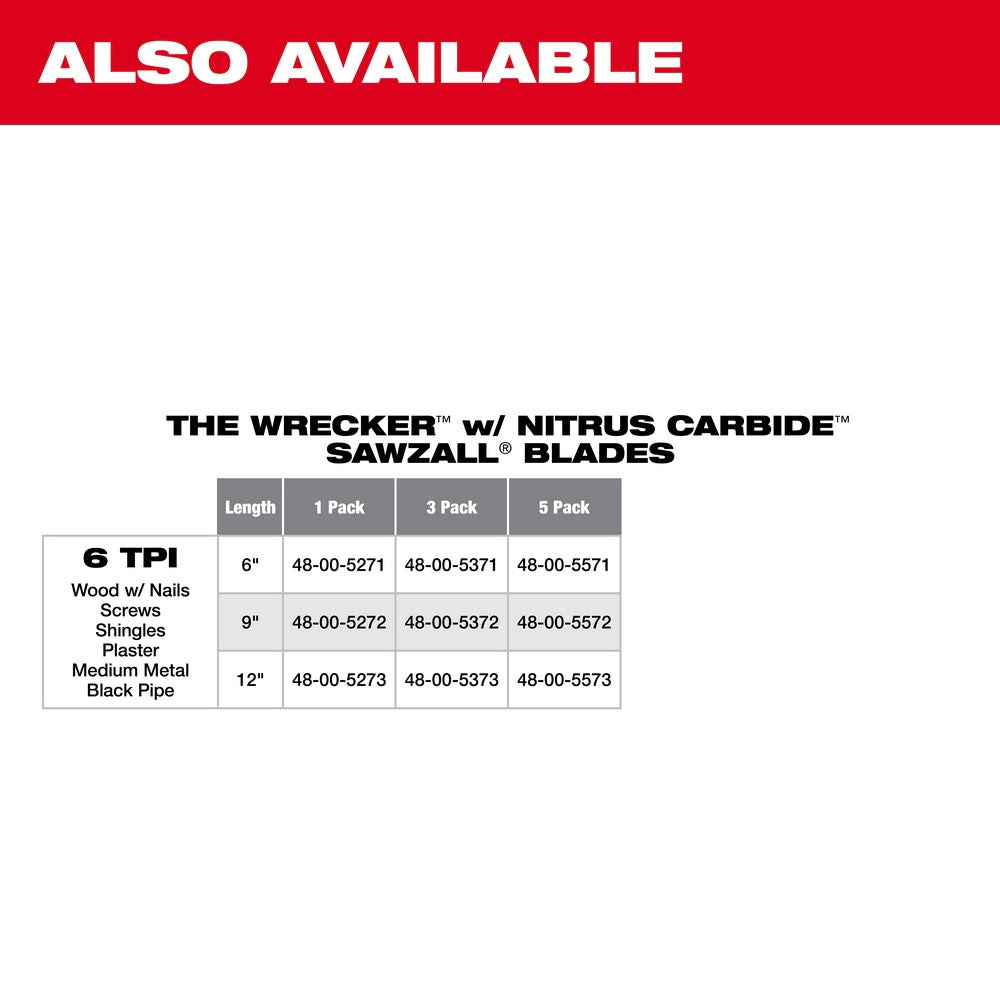 Milwaukee 48-00-5543 12" 6 TPI THE WRECKER™ with Carbide Teeth SAWZALL® Blade 5PK - 9