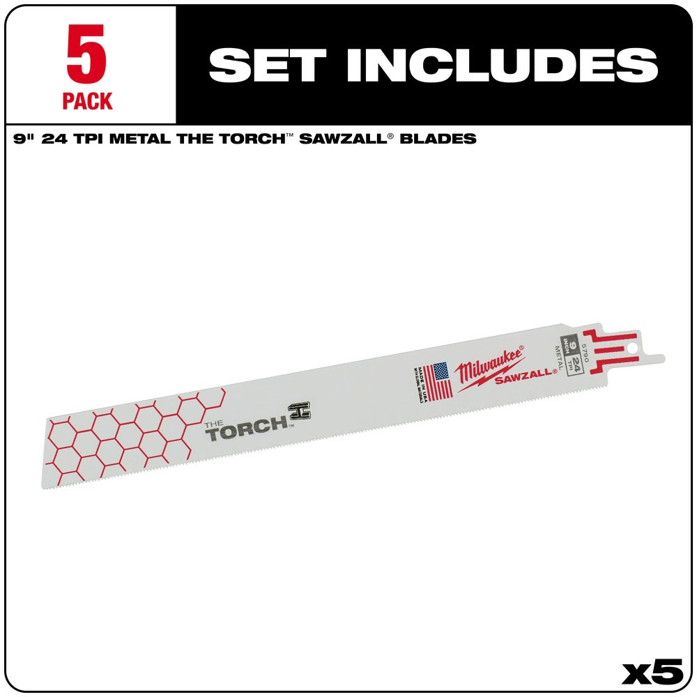 Milwaukee 48-00-5790 Super Sawzall Blade 24 Teeth per Inch 9-Inch Length, Torch, 5 Pack - 2