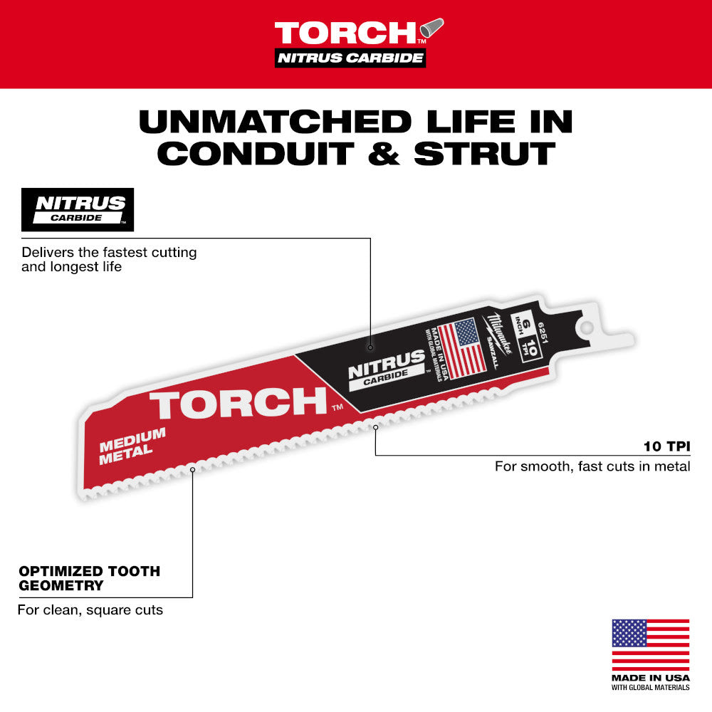 Milwaukee 48-00-6251  6" Reciprocating Saw Blade 10TPI The TORCH with NITRUS CARBIDE Teeth for Medium Metal 1PK  - 5