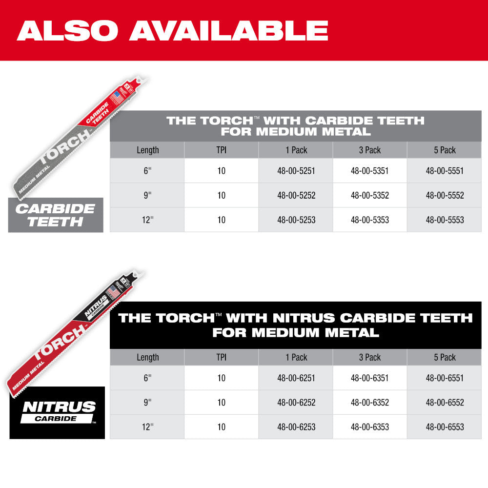 Milwaukee 48-00-6251  6" Reciprocating Saw Blade 10TPI The TORCH with NITRUS CARBIDE Teeth for Medium Metal 1PK  - 13