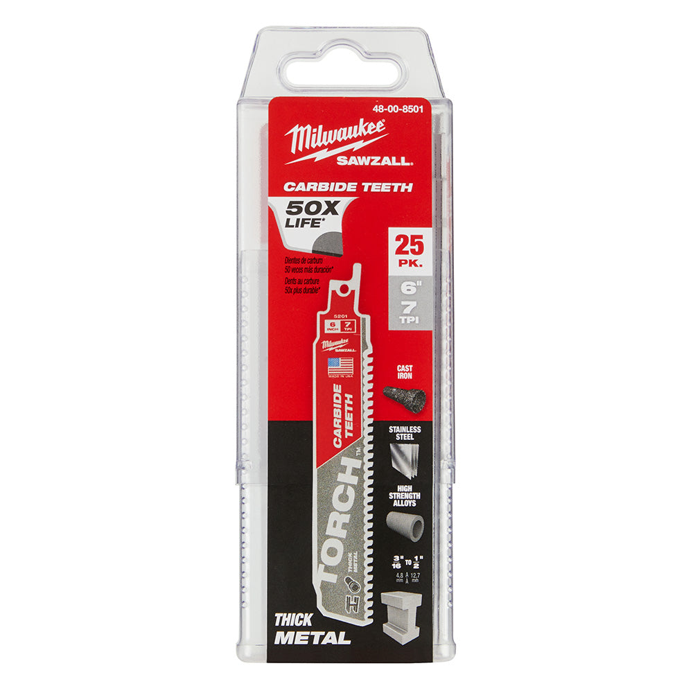 Milwaukee 48-00-8501 6" 7TPI The TORCH™ with Carbide Teeth SAWZALL® Blade 25PK