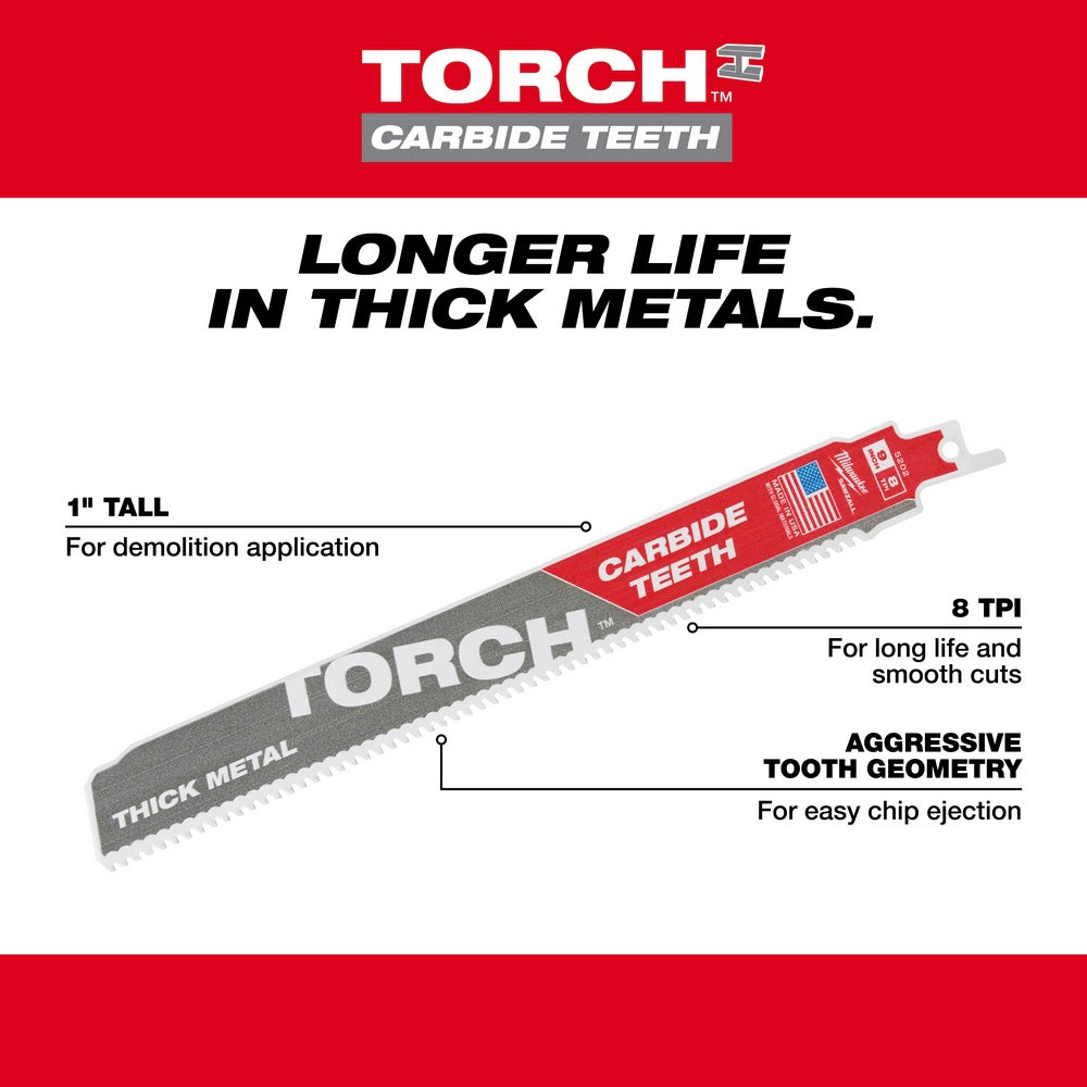 Milwaukee 48-00-8502 9" 7TPI The TORCH™ with Carbide Teeth SAWZALL® Blade 25PK - 6