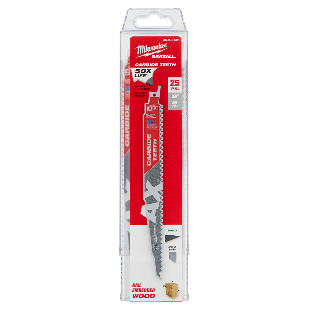 Milwaukee 48-00-8526 9" 7TPI The AX™ with Carbide Teeth SAWZALL® Blade 25PK