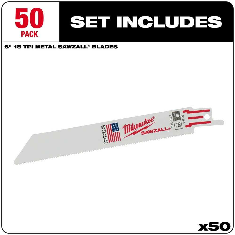 Milwaukee 48-01-6184 6" x 18TPI Bi-Metal Super Sawzall Blade 50-Pack - 2