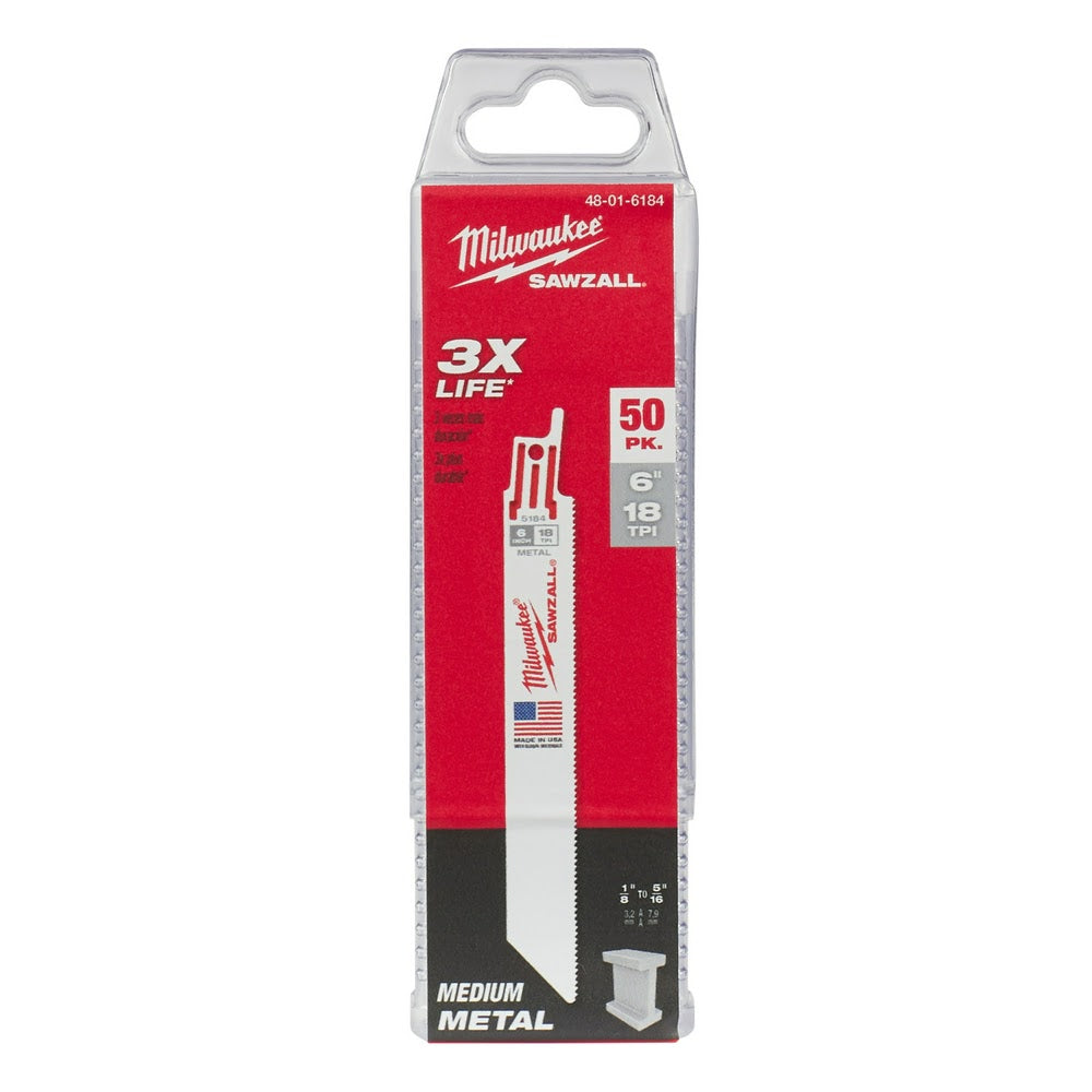 Milwaukee 48-01-6184 6" x 18TPI Bi-Metal Super Sawzall Blade 50-Pack - 10