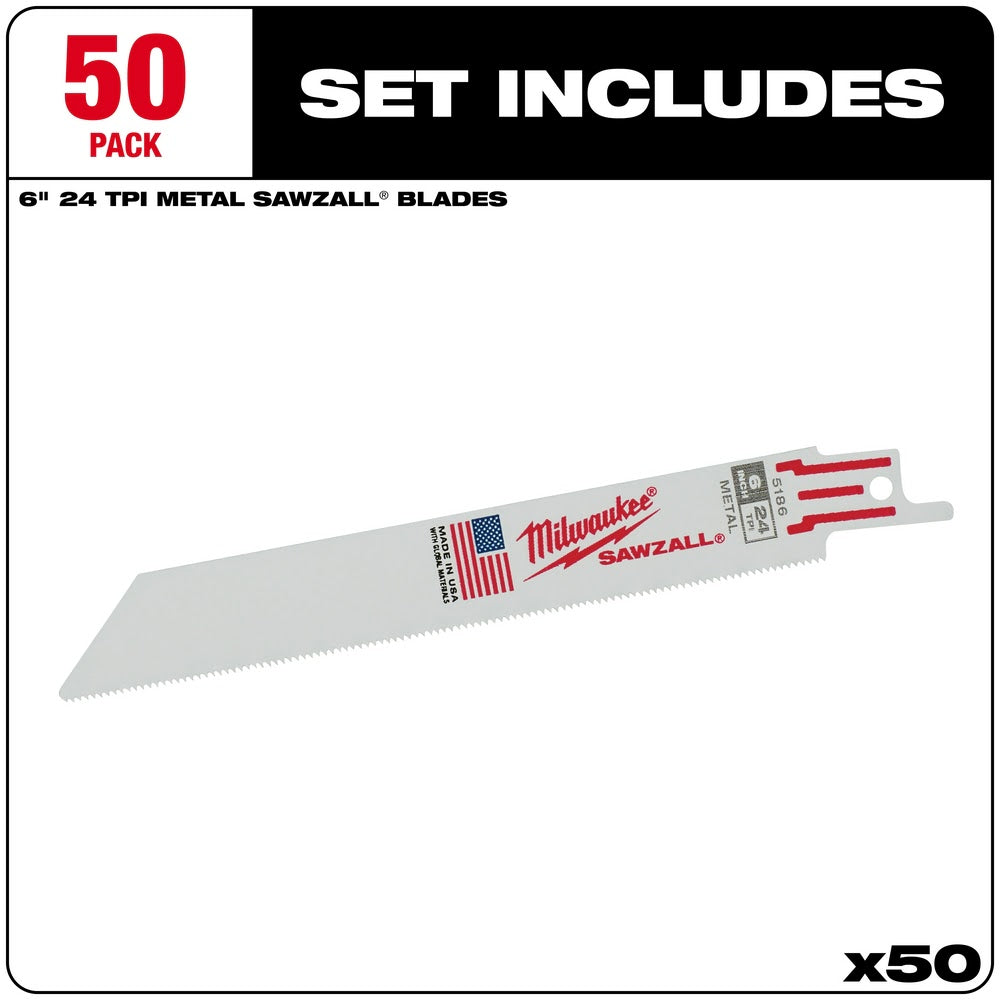 Milwaukee 48-01-6186 6" x 24TPI Bi-Metal Super Sawzall Blade 50-Pack - 2