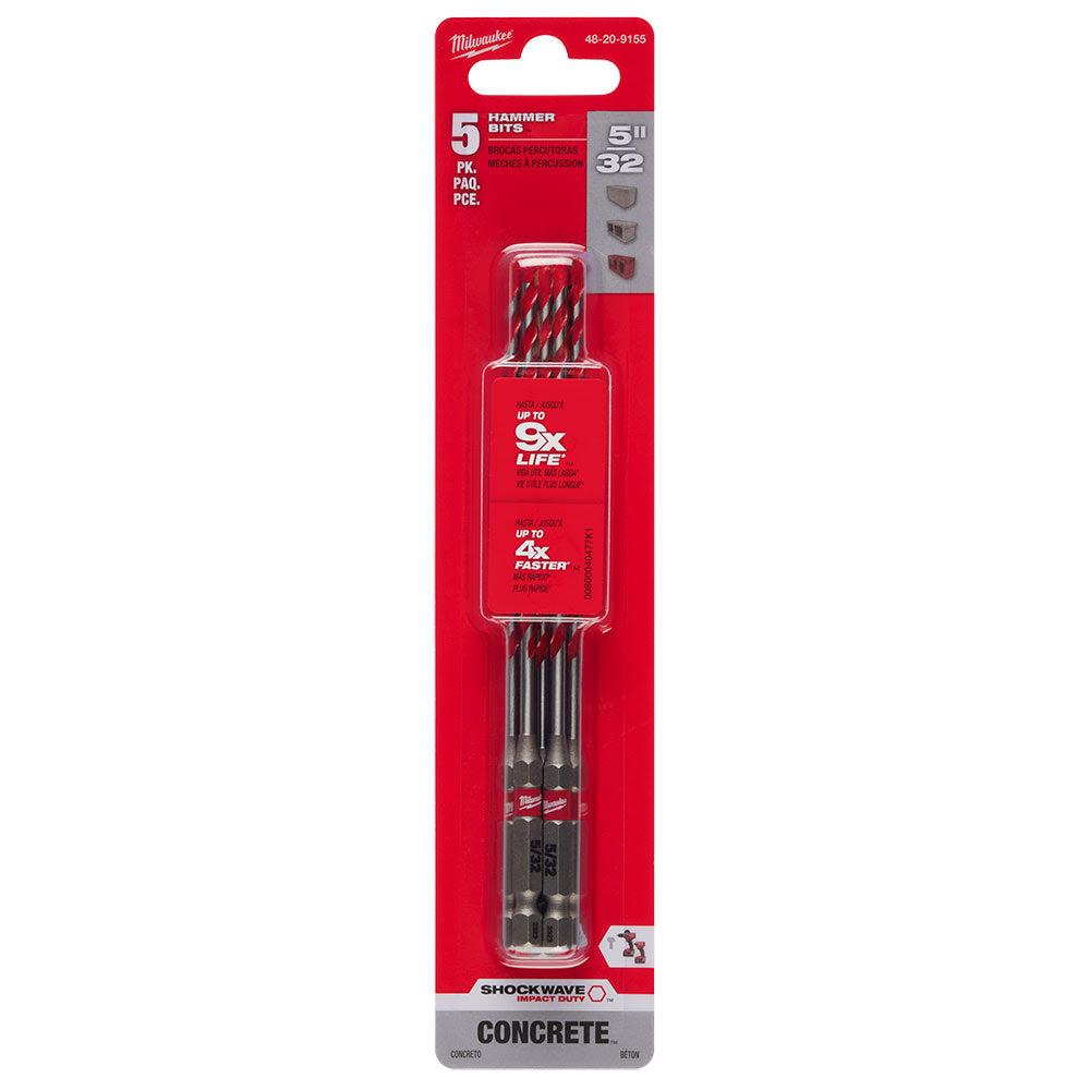 Milwaukee 48-20-9155 5/32" SHOCKWAVE™ Carbide Hammer Drill Bit 5PK - 12