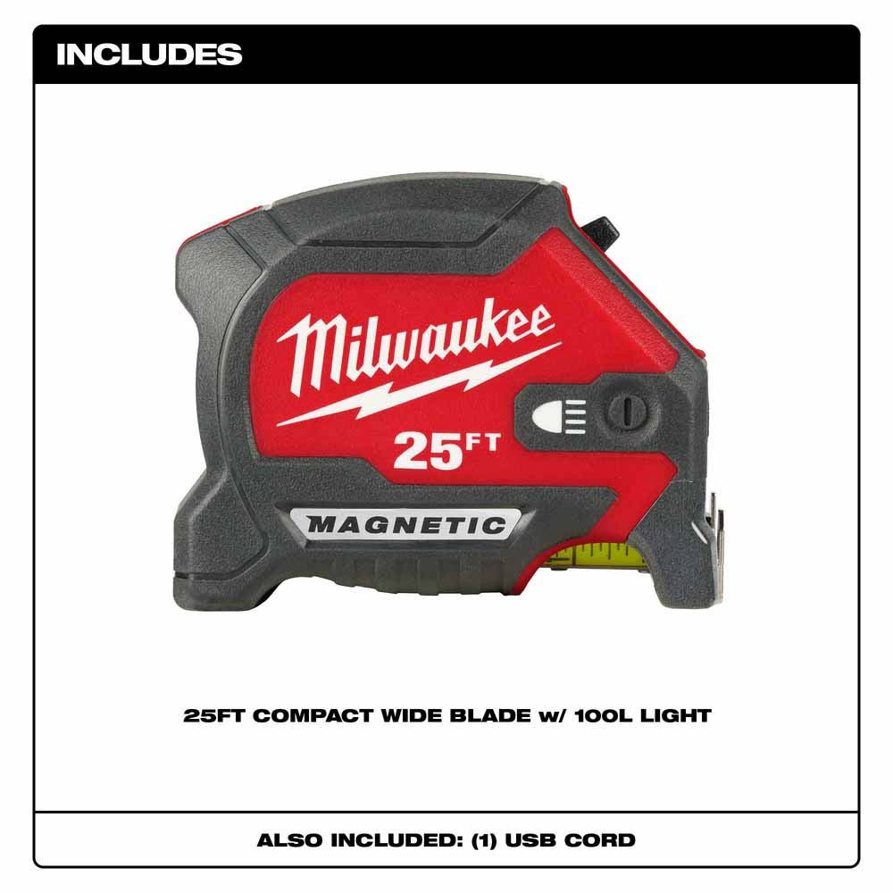 Milwaukee 48-22-0428 25" Compact Wide Blade Magnetic Tape Measure w/ Rechargeable 100 Lumen LED Light - 3