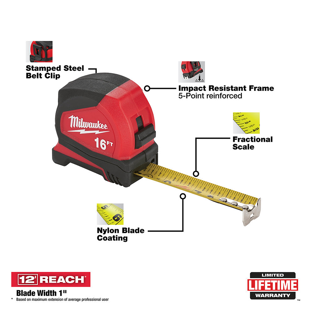 Milwaukee 48-22-6616 16' Compact Tape Measure - 2