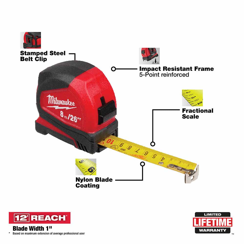 Milwaukee 48-22-6626 8m / 26' Compact Tape Measure - 2