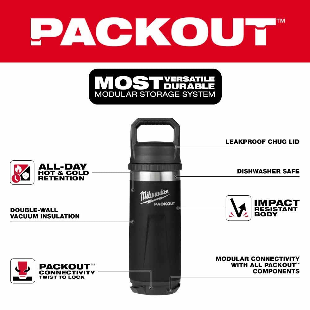 Milwaukee 48-22-8382B PACKOUT 18oz Insulated Bottle with Chug Lid - Black - 2