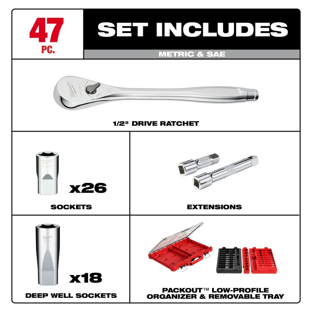 Milwaukee 48-22-9487 47PC 1/2" Drive Ratchet & Socket Set with PACKOUT Organizer - 2