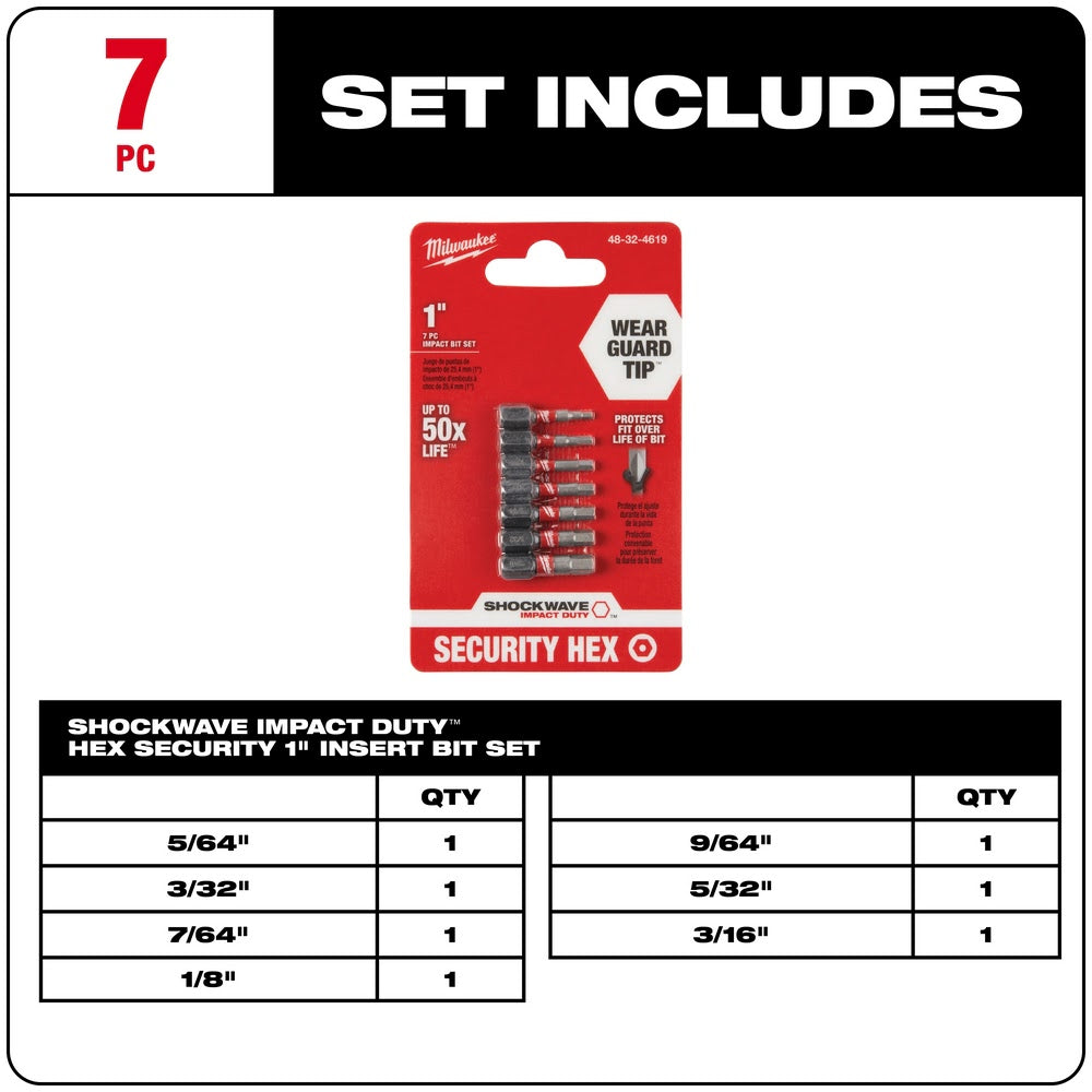 Milwaukee 48-32-4619 7 Piece SHOCKWAVE Hex Security Insert Bit Set - 3