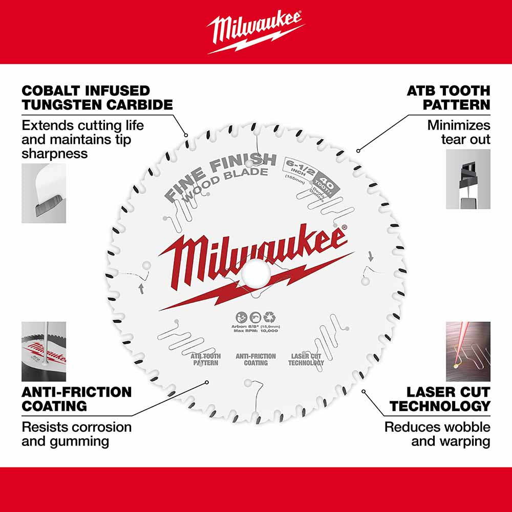 Milwaukee 48-40-0622 6-1/2" 40T Fine Finish Circular Saw Blade - 8