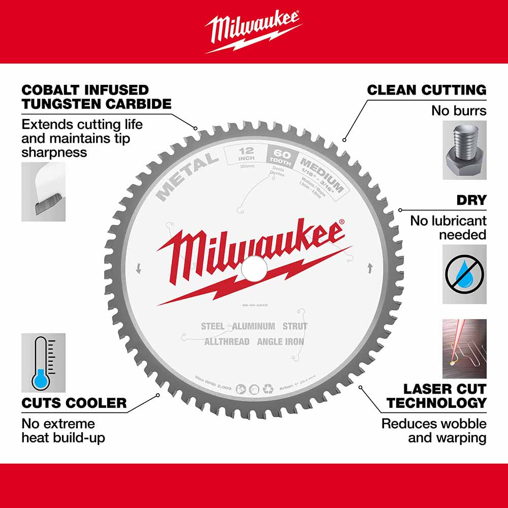 Milwaukee  48-40-4265 12" 60T METAL CSB, 1" - 4