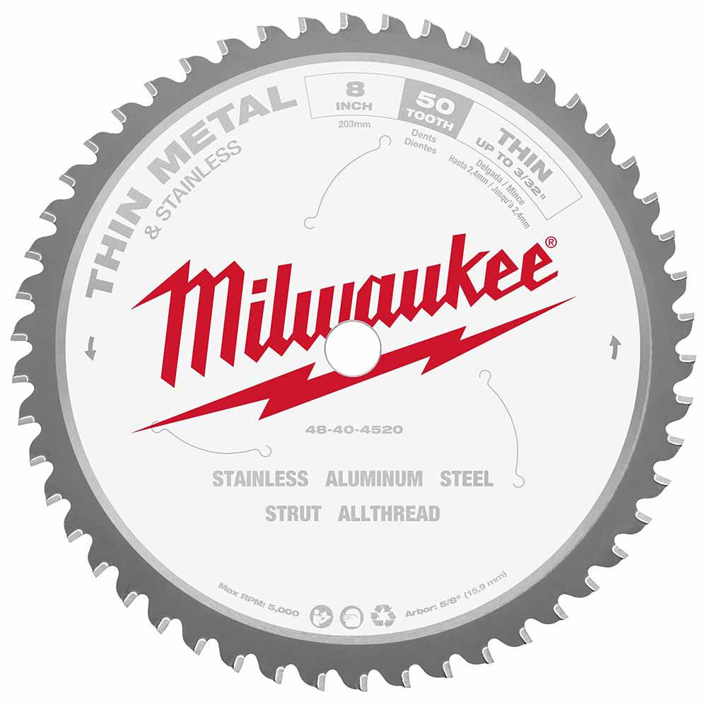 Milwaukee 48-40-4520 8" 50T Ferrous Metal Cermet Tip Circular Saw Blade, Thin Metals, 5/8" Arbor