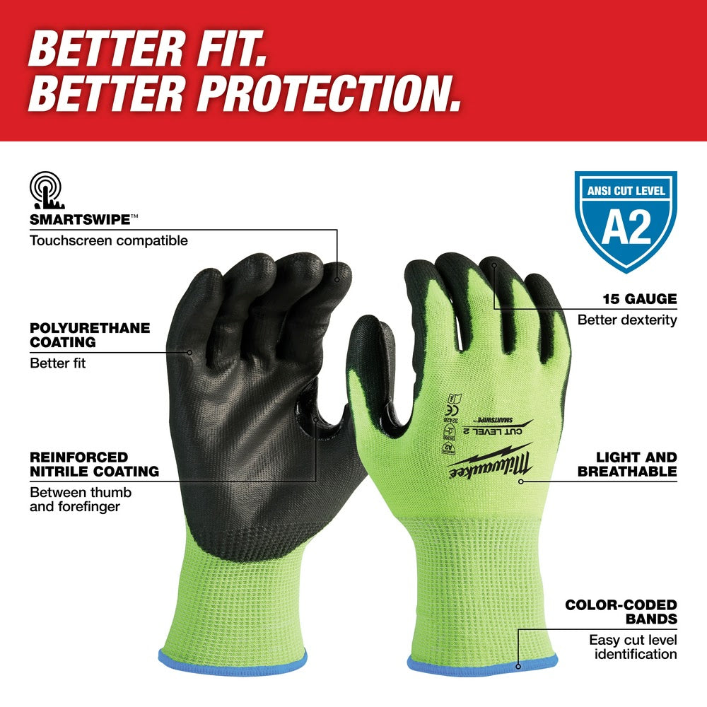 Milwaukee 48-73-8921 High Visibility Cut Level 2 Polyurethane Dipped Safety Gloves - Medium - 2