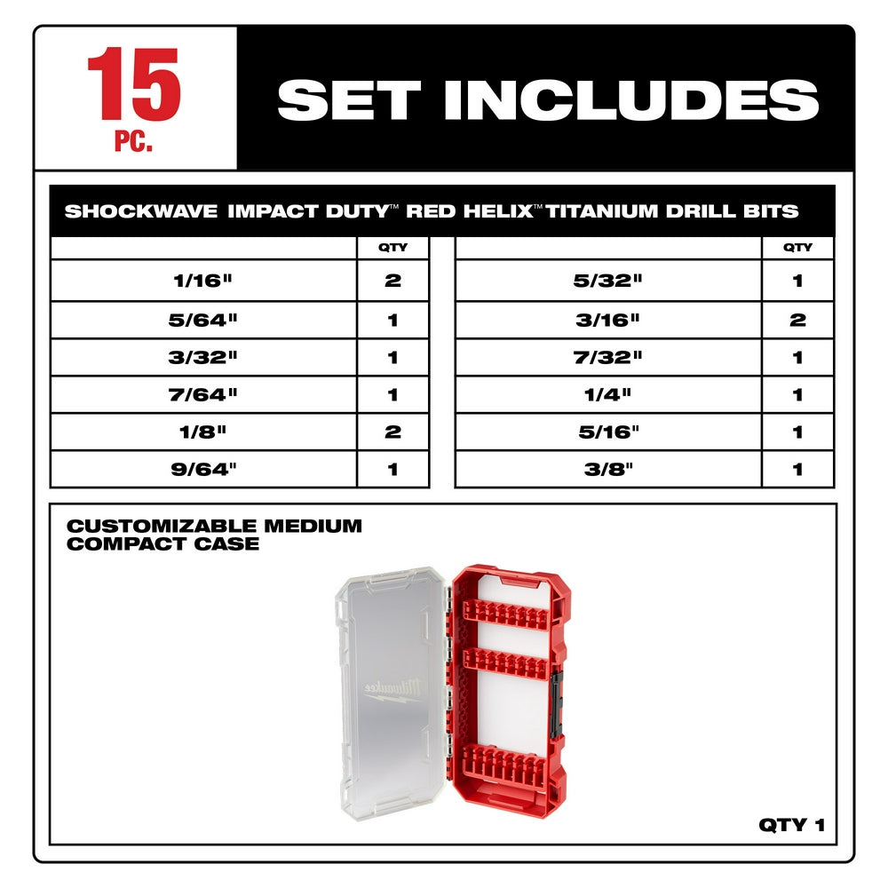 Milwaukee 48-89-4670 SHOCKWAVE Impact Duty RED HELIX Titanium Drill Bit Set - 15PC - 3