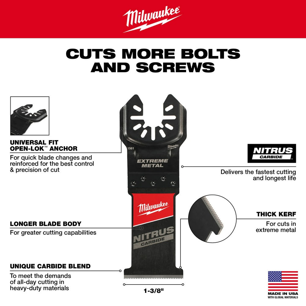 Milwaukee 49-25-1563 NITRUS CARBIDE Extreme Metal Universal Fit OPEN-LOK Multi-Tool Blade 3PK - 6