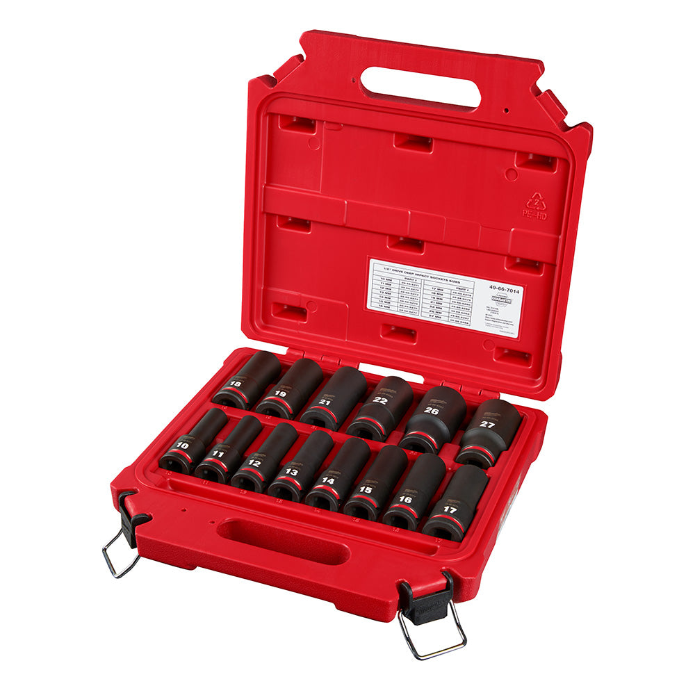 Milwaukee 49-66-7014 14PC SHOCKWAVE Impact Duty™ 1/2" Drive Metric Deep 6 Point Socket Set  - 10mm-27mm