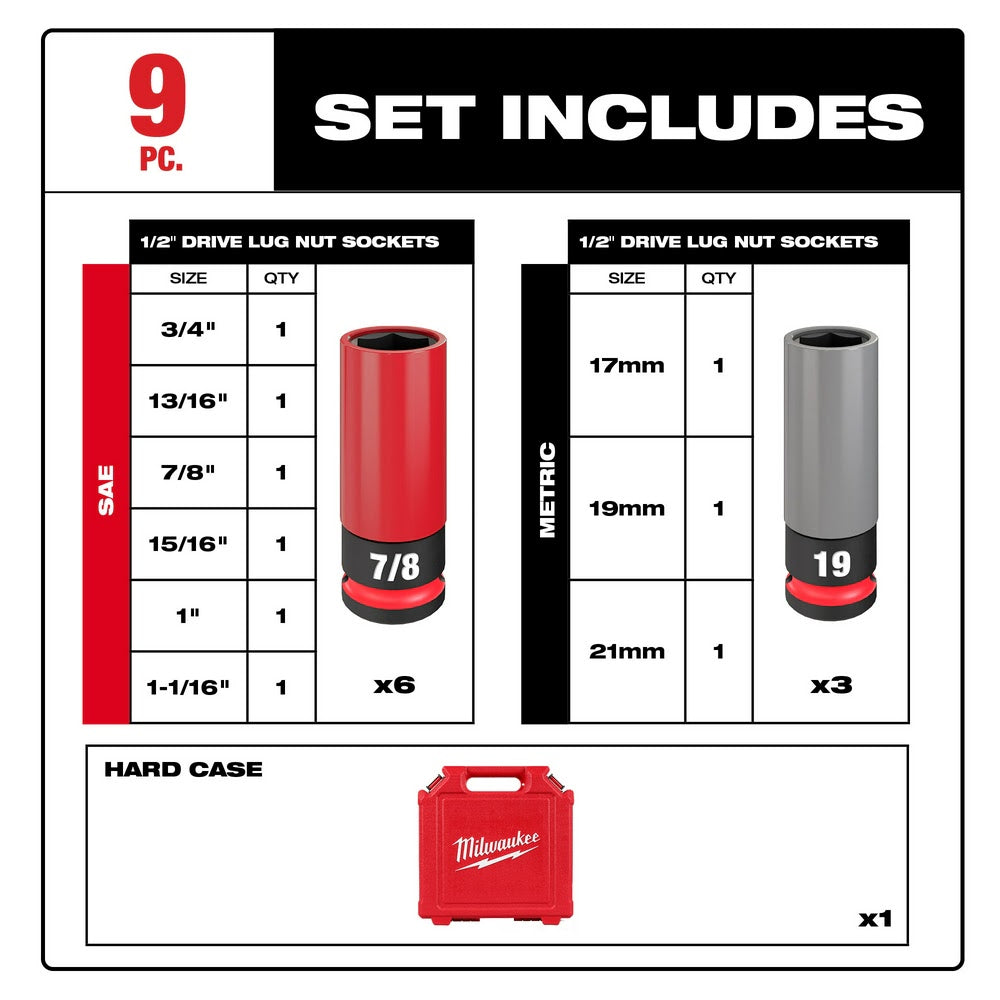 Milwaukee 49-66-7832 SHOCKWAVE Impact Duty 1/2 Drive SAE & Metric 9PC Lug Nut Wheel Socket Set - 4