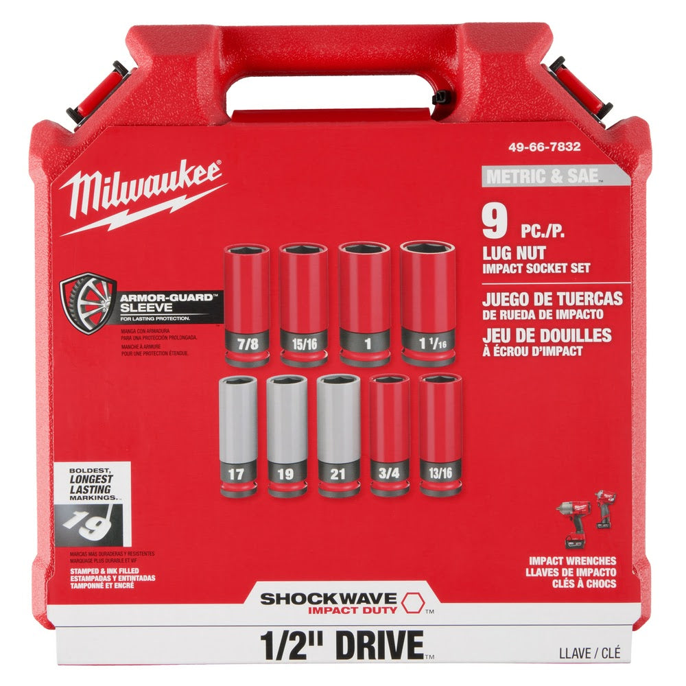 Milwaukee 49-66-7832 SHOCKWAVE Impact Duty 1/2 Drive SAE & Metric 9PC Lug Nut Wheel Socket Set - 12